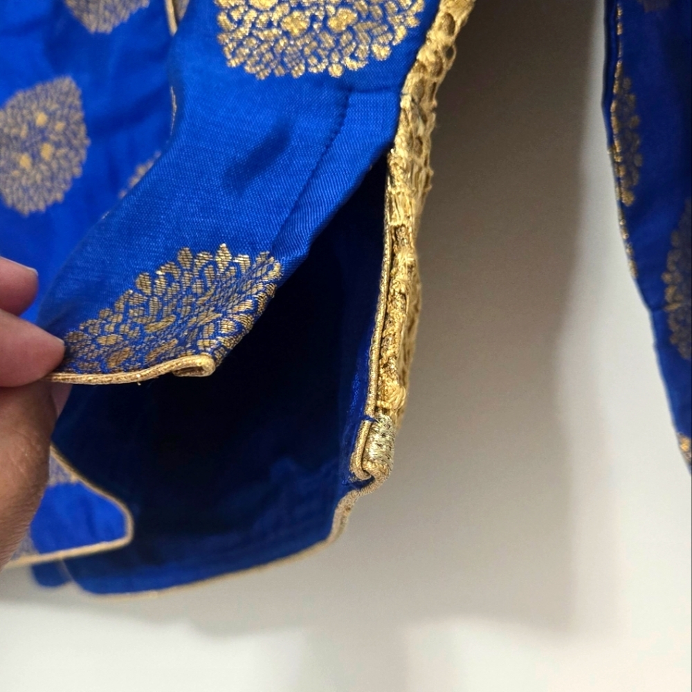 Ready To Wear Royal Blue Dupion Silk Readymade Saree Blouse with Long Sleeves - Picture 5 of 7